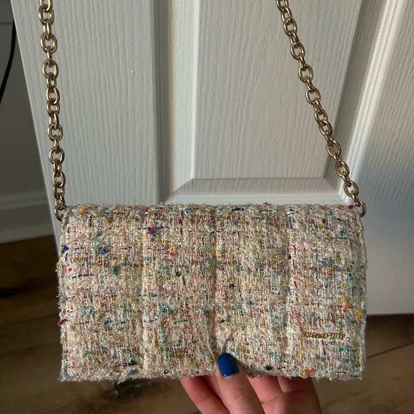 Cream Clutch with Textured Fabric and Chain Strap - Picture 1 of 6